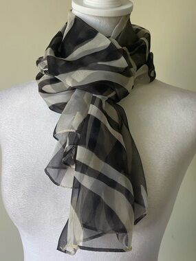 Sheer Chiffon Black & Cream Striped Scarf EUC